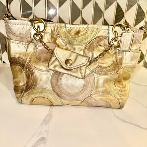 Coach Metallic Gold Leather Shoulder Bag Patchwork w/ Coin Purse Charm